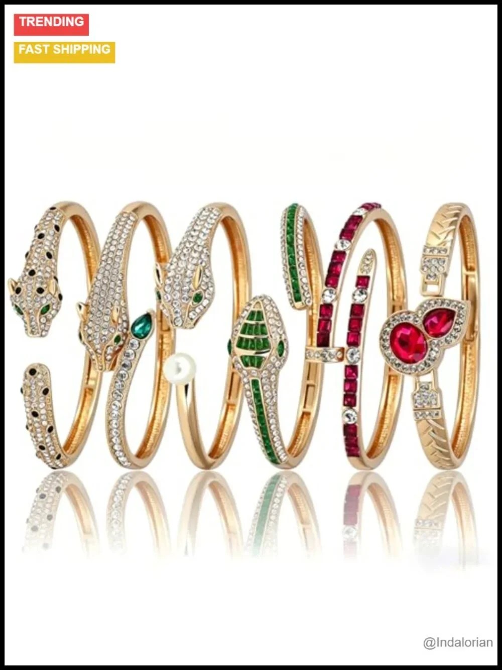 6 Pc Zinc Alloy Bangle Bracelet Set Women Gold Snake Leopard Rhinestone